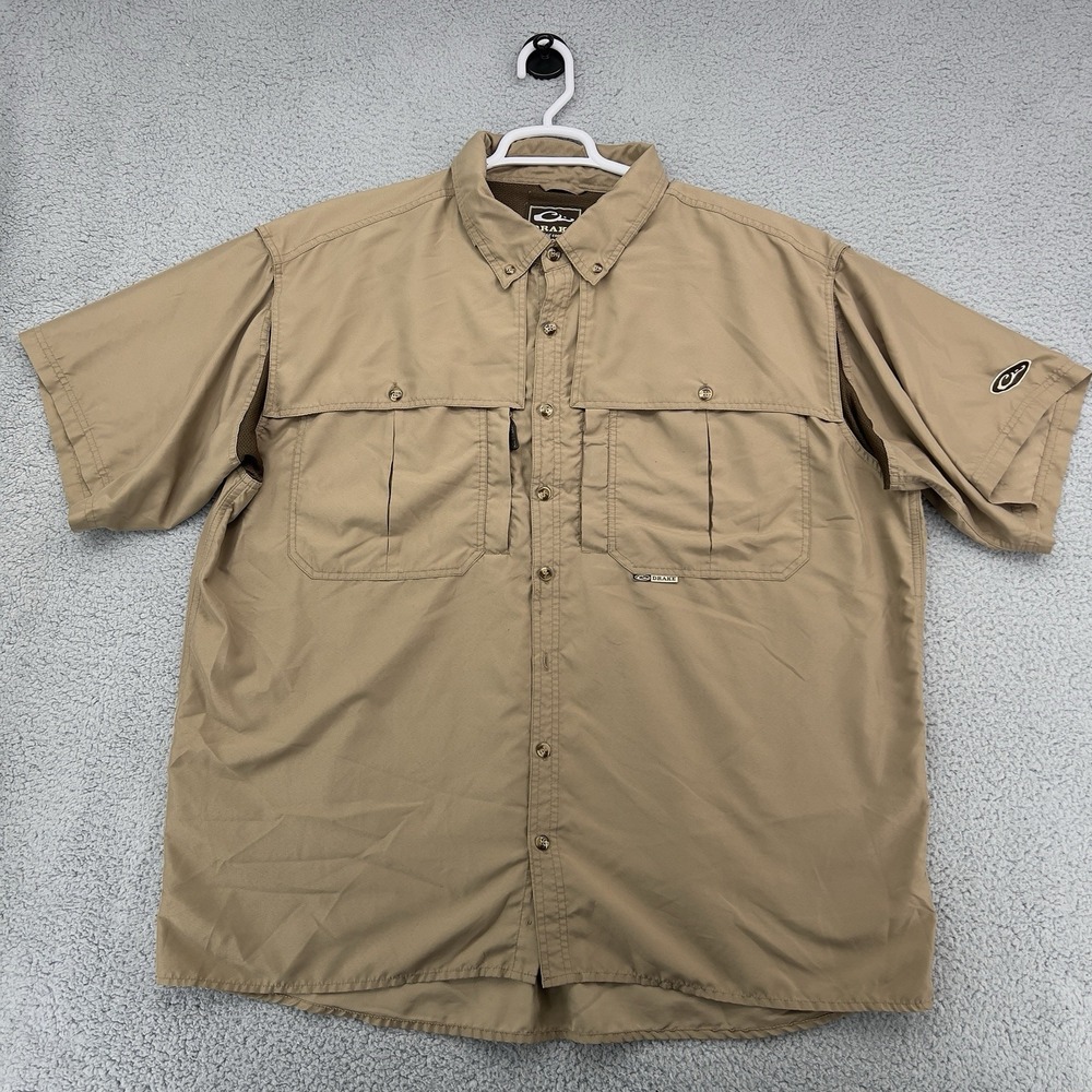 Drake Performance Fishing Shirt 2XL Tan Short Sleeve Vented Outdoor Button Up